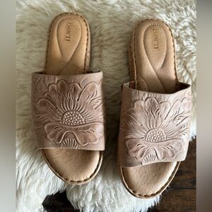 Born Tan Floral Embossed Leather Slide Sandals